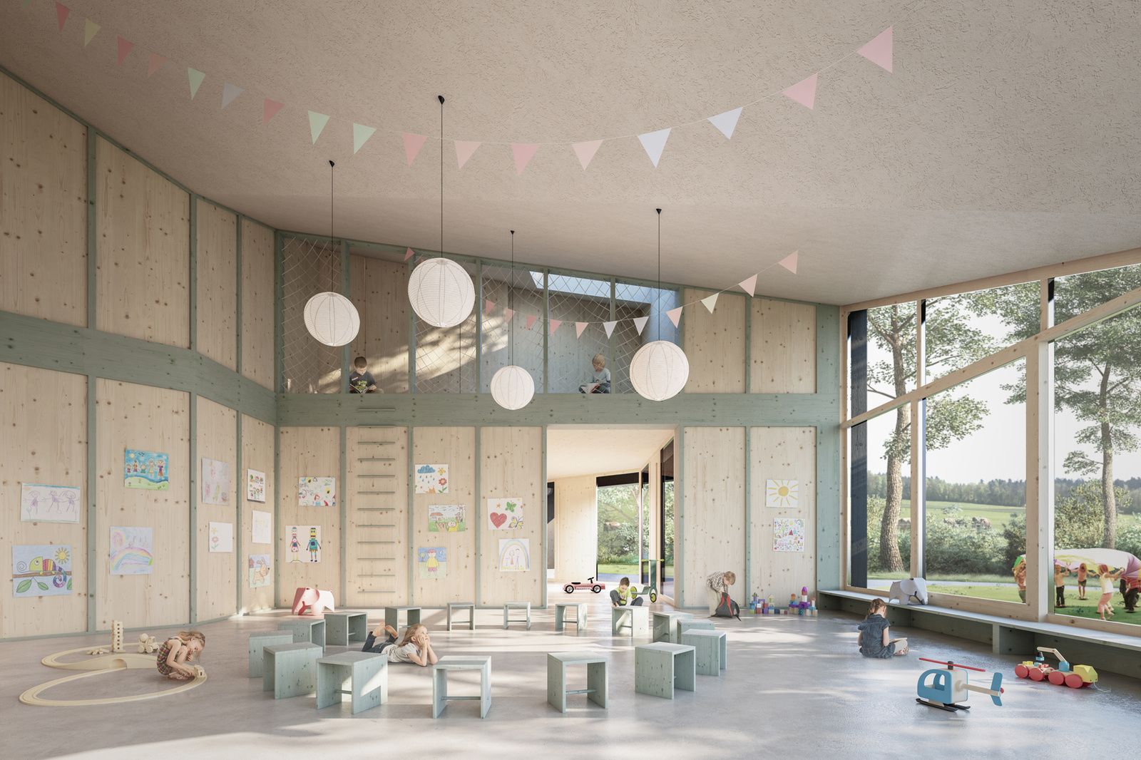 chulzentrum elzmatte neubau 2-fach kindergarten for NOSU Architekten, Langenthal CH, visualization 2 of 2